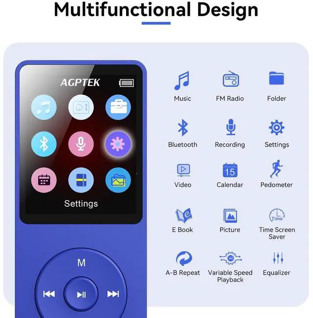 Alt view image 4 of 7 - AGPTEK A02 MP3 Player with Bluetooth 5.3, 1.8 inch Screen Portable Music Player with Speaker, FM Radio, Voice Recorder, Supports Expanded Up to 128GB(Blue, 32GB)