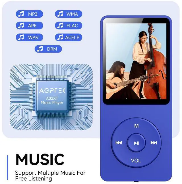 Alt view image 6 of 7 - AGPTEK A02 MP3 Player with Bluetooth 5.3, 1.8 inch Screen Portable Music Player with Speaker, FM Radio, Voice Recorder, Supports Expanded Up to 128GB(Blue, 32GB)