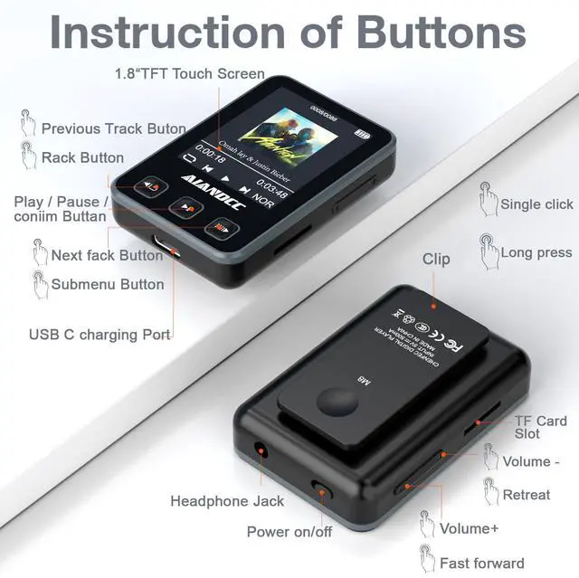 Alt view image 4 of 7 - Mp3 Player with Bluetooth 5.3, HiFi Music Player with Sports Clip and Armband, 1.77-inch TFT Color Screen, 32GB mp3 Player for Kids Adults, Earphones Included, TF Card can be Inserted, Nero