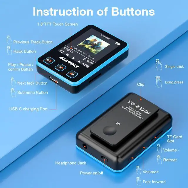 Alt view image 5 of 7 - Mp3 Player with Bluetooth 5.3, HiFi Music Player with Sports Clip and Armband, 1.77-inch TFT Color Screen, 32GB mp3 Player for Kids Adults, Earphones Included, TF Card can be Inserted