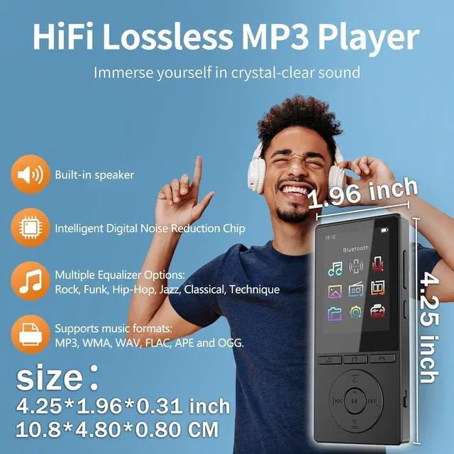 Alt view image 3 of 7 - 64GB MP3 Player with Bluetooth 5.3, Music Player with HiFi Sound for Sports Runners, 2.4" Screen MP3 Player Built in HD Speaker Voice Recorder FM Radio E-Book, Expanded Up to 128GB, Earphone Included