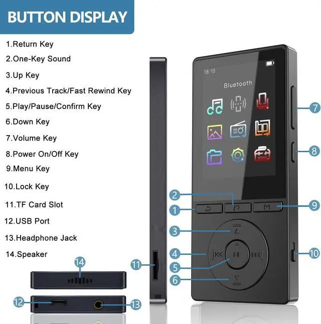 Alt view image 5 of 7 - 64GB MP3 Player with Bluetooth 5.3, Music Player with HiFi Sound for Sports Runners, 2.4" Screen MP3 Player Built in HD Speaker Voice Recorder FM Radio E-Book, Expanded Up to 128GB, Earphone Included