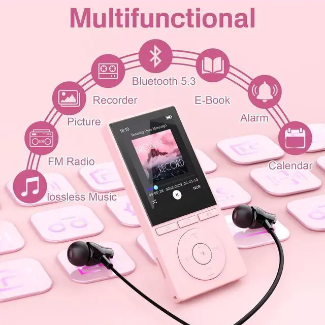 Alt view image 2 of 7 - 64GB MP3 Player with Bluetooth 5.3, Music Player with HiFi Sound for Sports Runners, 2.4" Screen MP3 Player Built in HD Speaker Voice Recorder E-Book, Expanded Up to 128GB, Earphone Included, Pink