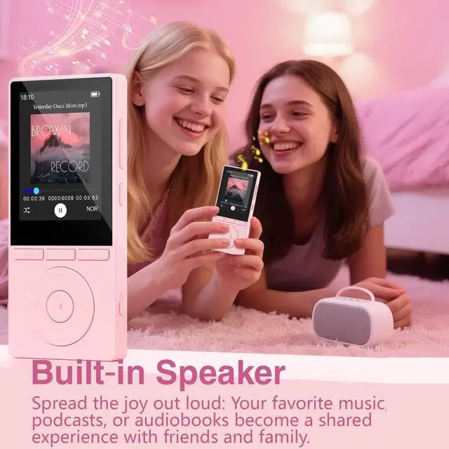 Alt view image 3 of 7 - 64GB MP3 Player with Bluetooth 5.3, Music Player with HiFi Sound for Sports Runners, 2.4" Screen MP3 Player Built in HD Speaker Voice Recorder E-Book, Expanded Up to 128GB, Earphone Included, Pink