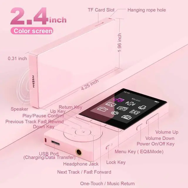 Alt view image 4 of 7 - 64GB MP3 Player with Bluetooth 5.3, Music Player with HiFi Sound for Sports Runners, 2.4" Screen MP3 Player Built in HD Speaker Voice Recorder E-Book, Expanded Up to 128GB, Earphone Included, Pink