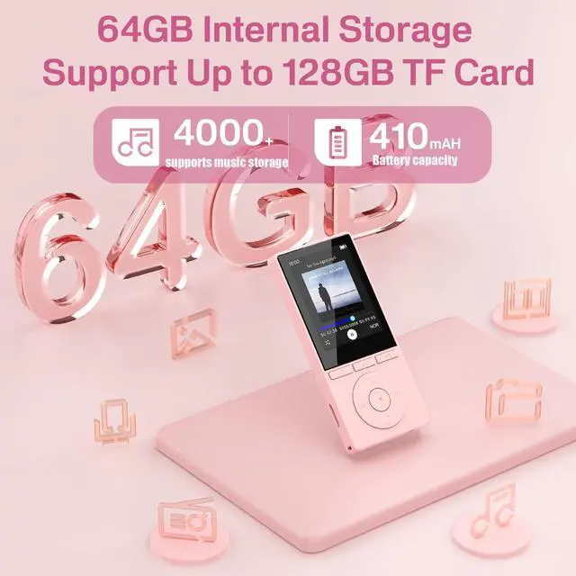 Alt view image 5 of 7 - 64GB MP3 Player with Bluetooth 5.3, Music Player with HiFi Sound for Sports Runners, 2.4" Screen MP3 Player Built in HD Speaker Voice Recorder E-Book, Expanded Up to 128GB, Earphone Included, Pink