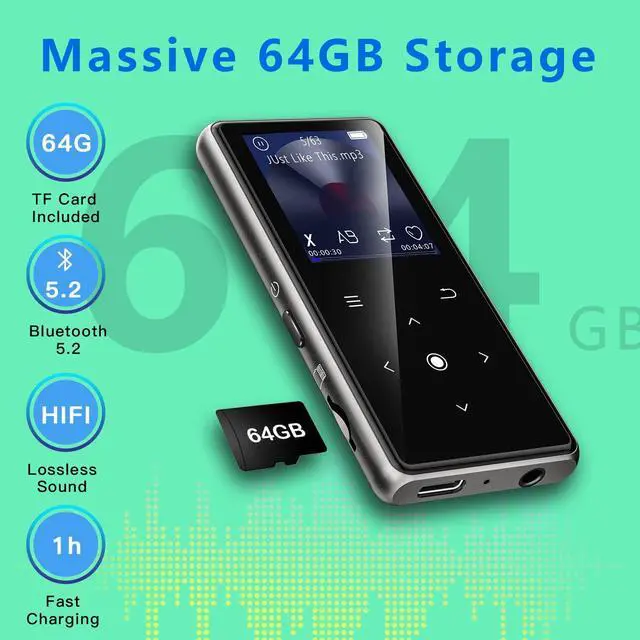 Alt view image 3 of 7 - 64GB MP3 Player with Bluetooth 5.2, AiMoonsa Music Player with Built-in HD Speaker, FM Radio, Voice Recorder, HiFi Sound, E-Book, Earphones Included
