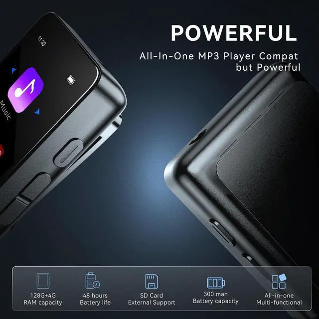 Alt view image 6 of 7 - 128GB Mini MP3 Player with Bluetooth 5.3,Portable Music Player for Kids with Clip,HiFi Sound,Voice Recorder,E-Book,Built-in HD Speaker,Digital Audio Player for Sport with Earphones & Screen Protector