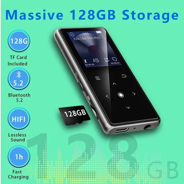Alt view image 3 of 7 - 128GB MP3 Player with Bluetooth 5.2, AiMoonsa Music Player with Built-in HD Speaker, FM Radio, Voice Recorder, HiFi Sound, E-Book, Earphones Included