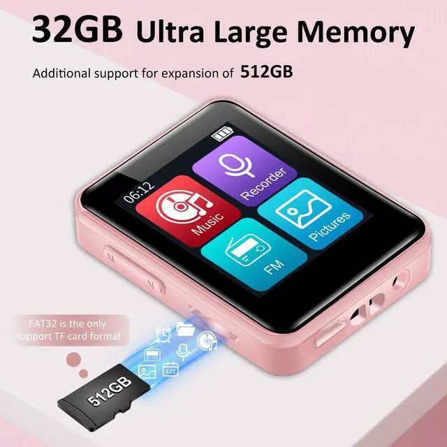 Alt view image 4 of 7 - MP3 Player with Bluetooth, 32GB Portable Bluetooth MP3 Player for Kids, 1.8 inch Music Player with Speaker, FM Radio, Voice Recorder, Supports Expanded Up to 512GB(Pink)