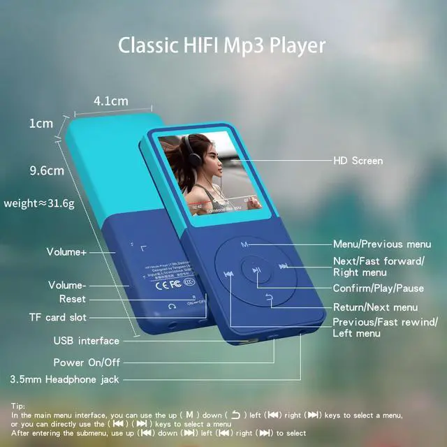 Alt view image 6 of 6 - Bluetooth Mp3 Player, Classic Portable Mp3 Players for Kids,HiFi Music Player with Bluetooth,Video Play,FM Radio,Recording,E-Book,Alarm Clock,Mp3 Play up to 50 Hours with SD Card Slot Blue 64GB