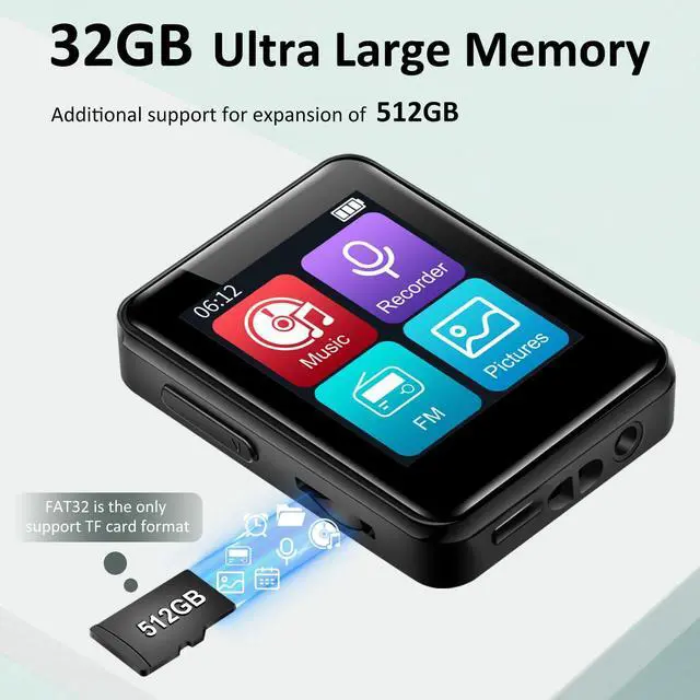 Alt view image 4 of 7 - 1.8 inch MP3 Player with Bluetooth, 32GB Digital Music Player for Kids, Portable Mini Bluetooth MP3 Player with Speaker Lossless Sound with FM Radio, Voice Recorder, Supports up to 512GB, Black