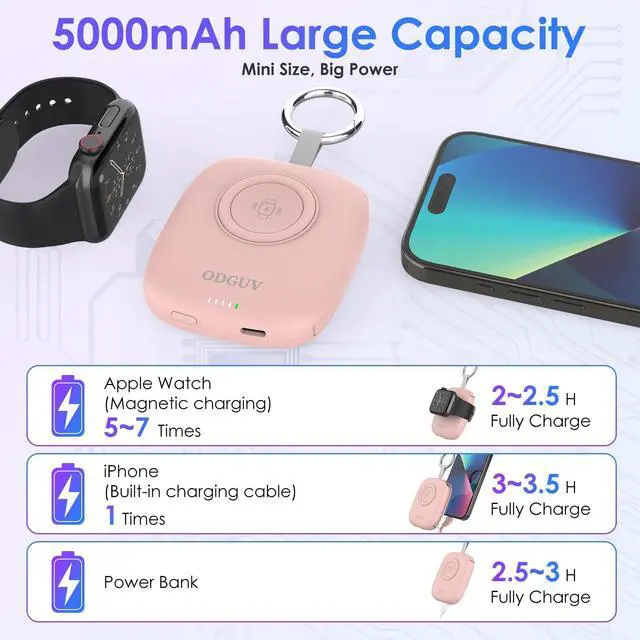 Alt view image 3 of 7 - Small Portable Charger 5000mAh,iWatch Wireless Charger Mini Power Bank with Built-in Cable,Travel Keychain Charger for Apple Watch 11/10/9/8/Ultra/7/6/Se/5/4,iPhone 17/16/15/14/13/12,Android Phone
