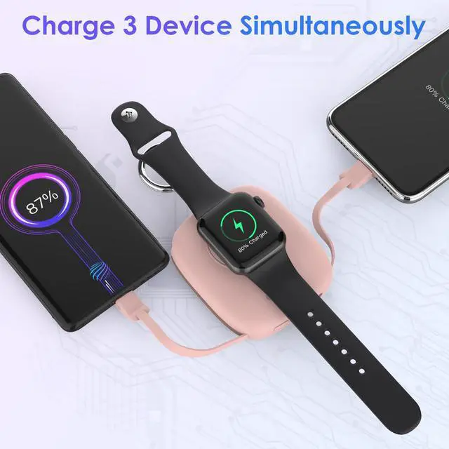 Alt view image 4 of 7 - Small Portable Charger 5000mAh,iWatch Wireless Charger Mini Power Bank with Built-in Cable,Travel Keychain Charger for Apple Watch 11/10/9/8/Ultra/7/6/Se/5/4,iPhone 17/16/15/14/13/12,Android Phone