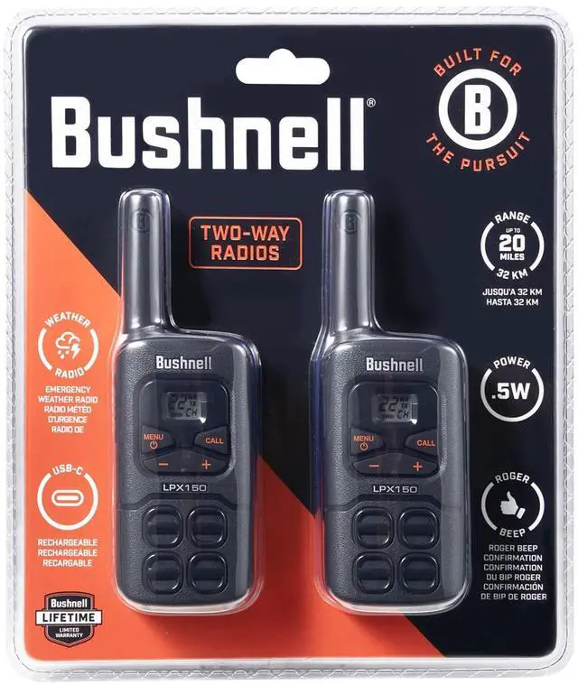 Alt view image 4 of 7 - Bushnell LPX150 Walkie Talkie Radio - Reliable Quality, Rugged Design, 0.5W Power for 20 Miles of Range, Two Way Radios Equipped for Wherever Life Takes You (2 Pack)