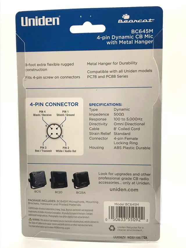 Alt view image 3 of 5 - Uniden BC645M 4 Pin Dynamic CB Mic, with Metal Hanger for Durabilty, Compatible with all Uniden Models PC78 and PC88 Series