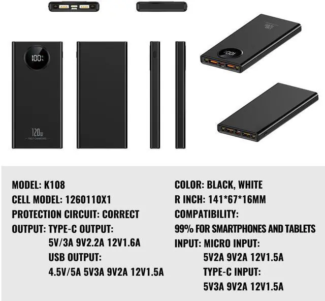 Alt view image 2 of 6 - Portable Charger PowerBank, PD 20W Fast Charging, 20000mAh Power Bank with LCD Display, 3 Outputs USB C Power Bank Fast Charging, for iPhone 17/16/15/14/13 Pro Samsung Google iPad Tablet (White)