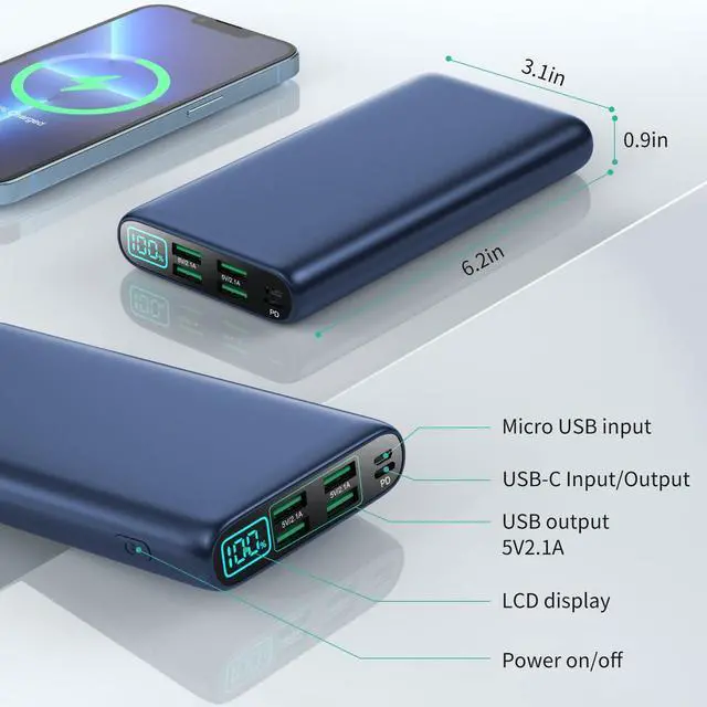 Alt view image 5 of 7 - Portable Charger 38800mAh,LCD Display Power Bank,5 USB Outputs Battery Pack Backup, USB-C 3A in&out Travel Essential Portable Phone Charger For iPhone 17/16/15/14/13 Pro/12,Android Samsung Galaxy-Blue