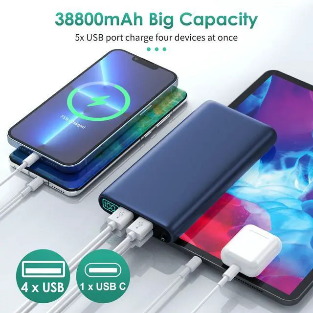 Alt view image 4 of 7 - Portable Charger 38800mAh,LCD Display Power Bank,5 USB Outputs Battery Pack Backup, USB-C 3A in&out Travel Essential Portable Phone Charger For iPhone 17/16/15/14/13 Pro/12,Android Samsung Galaxy-Blue