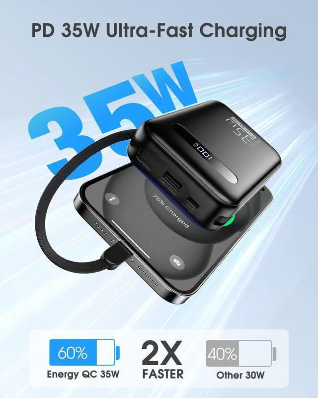 Alt view image 2 of 7 - EnergyQC 20000mAh Portable Charger, 35W PD 3.0+QC 4.0 Fast Charging Power Bank with Built-in Lightning & USB-C in&Out Cables, Travel Battery Pack for iPhone 17/16/15/14, Samsung, iPad, Android, Black