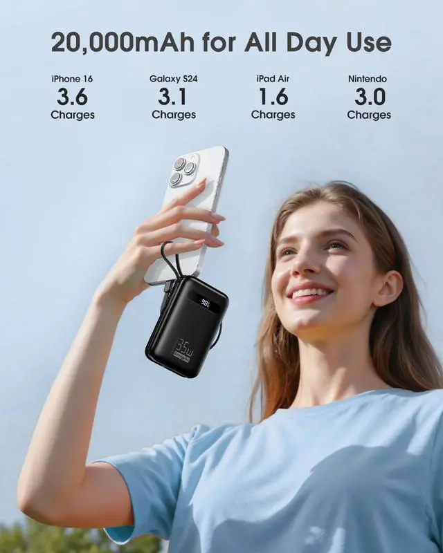 Alt view image 3 of 7 - EnergyQC 20000mAh Portable Charger, 35W PD 3.0+QC 4.0 Fast Charging Power Bank with Built-in Lightning & USB-C in&Out Cables, Travel Battery Pack for iPhone 17/16/15/14, Samsung, iPad, Android, Black