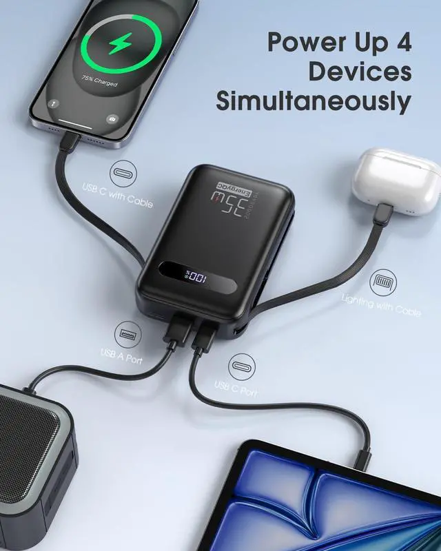 Alt view image 4 of 7 - EnergyQC 20000mAh Portable Charger, 35W PD 3.0+QC 4.0 Fast Charging Power Bank with Built-in Lightning & USB-C in&Out Cables, Travel Battery Pack for iPhone 17/16/15/14, Samsung, iPad, Android, Black