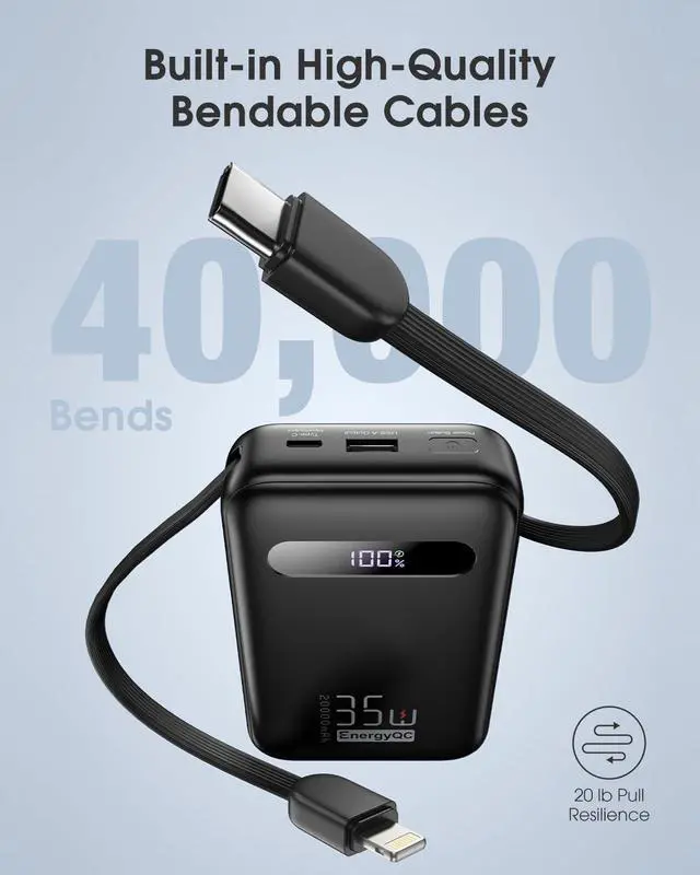 Alt view image 7 of 7 - EnergyQC 20000mAh Portable Charger, 35W PD 3.0+QC 4.0 Fast Charging Power Bank with Built-in Lightning & USB-C in&Out Cables, Travel Battery Pack for iPhone 17/16/15/14, Samsung, iPad, Android, Black