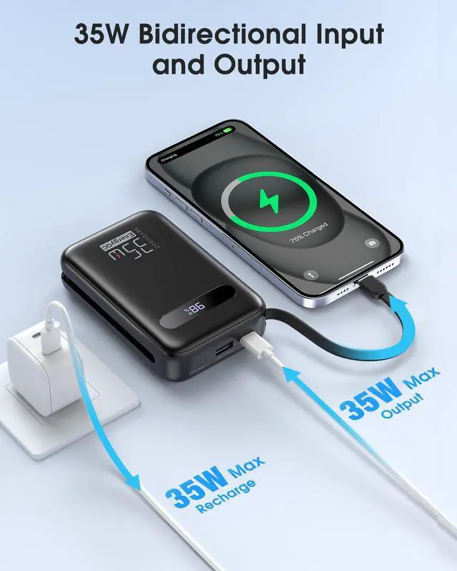 Alt view image 5 of 7 - EnergyQC 20000mAh Portable Charger, 35W PD 3.0+QC 4.0 Fast Charging Power Bank with Built-in Lightning & USB-C in&Out Cables, Travel Battery Pack for iPhone 17/16/15/14, Samsung, iPad, Android, Black