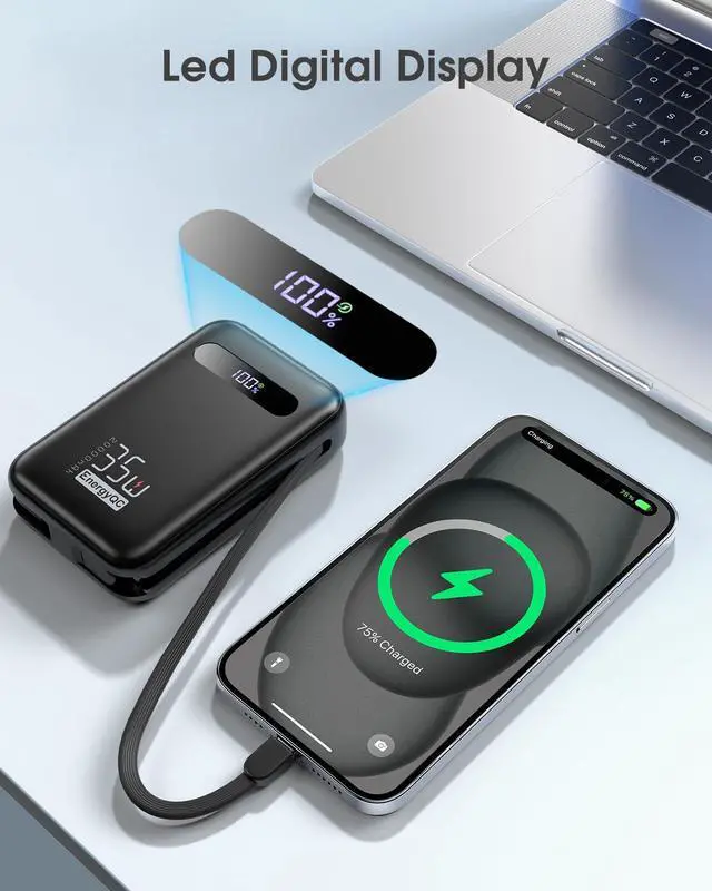 Alt view image 6 of 7 - EnergyQC 20000mAh Portable Charger, 35W PD 3.0+QC 4.0 Fast Charging Power Bank with Built-in Lightning & USB-C in&Out Cables, Travel Battery Pack for iPhone 17/16/15/14, Samsung, iPad, Android, Black