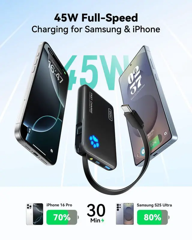 Alt view image 2 of 7 - INIU 45W Power Bank, Fast Charging Portable Charger with Built-in USB C Cable, 10000mAh Small Type C Powerbank, Battery Pack for iPhone 17 16 15 14, iPad, Samsung S25 S24 etc Travel Camping Essentials