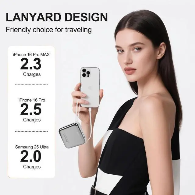 Alt view image 4 of 7 - GEWAKU Portable Charger with Built-in Cable 10000mAh Travel Essential 22.5W Fast Charging Power Bank USB-C Battery for iPhone 16 Samsung,Android,iPad (Silvery, Milliamp Hours, 10000)