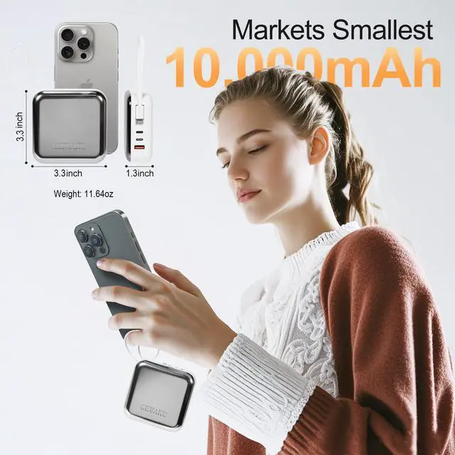 Alt view image 2 of 7 - GEWAKU Portable Charger with Built-in Cable 10000mAh Travel Essential 22.5W Fast Charging Power Bank USB-C Battery for iPhone 16 Samsung,Android,iPad (Silvery, Milliamp Hours, 10000)