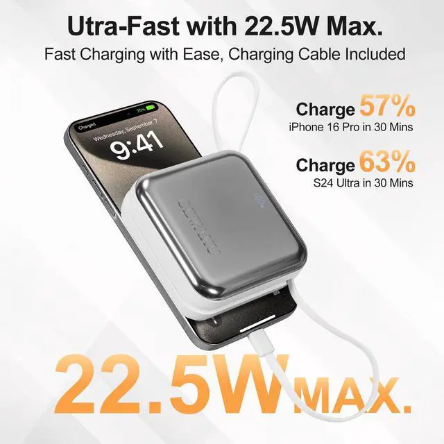 Alt view image 3 of 7 - GEWAKU Portable Charger with Built-in Cable 10000mAh Travel Essential 22.5W Fast Charging Power Bank USB-C Battery for iPhone 16 Samsung,Android,iPad (Silvery, Milliamp Hours, 10000)