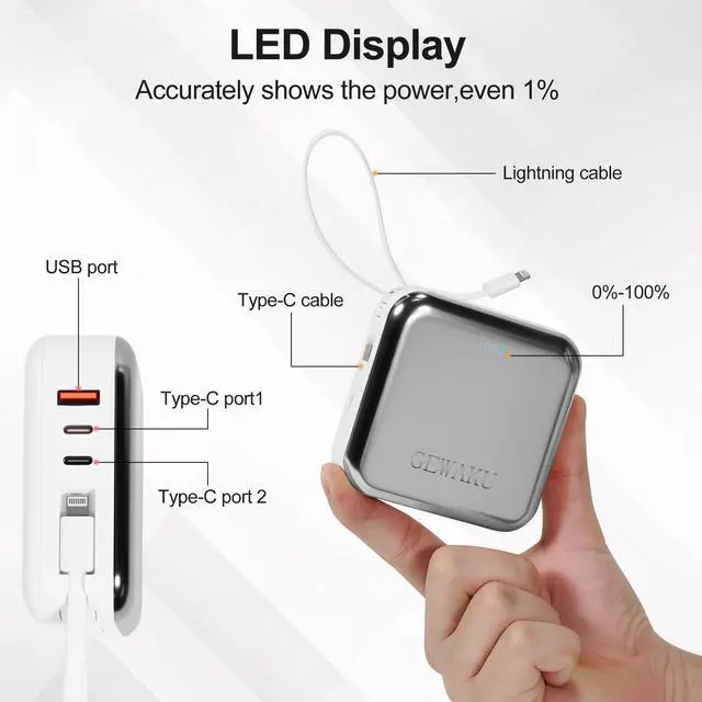 Alt view image 5 of 7 - GEWAKU Portable Charger with Built-in Cable 10000mAh Travel Essential 22.5W Fast Charging Power Bank USB-C Battery for iPhone 16 Samsung,Android,iPad (Silvery, Milliamp Hours, 10000)