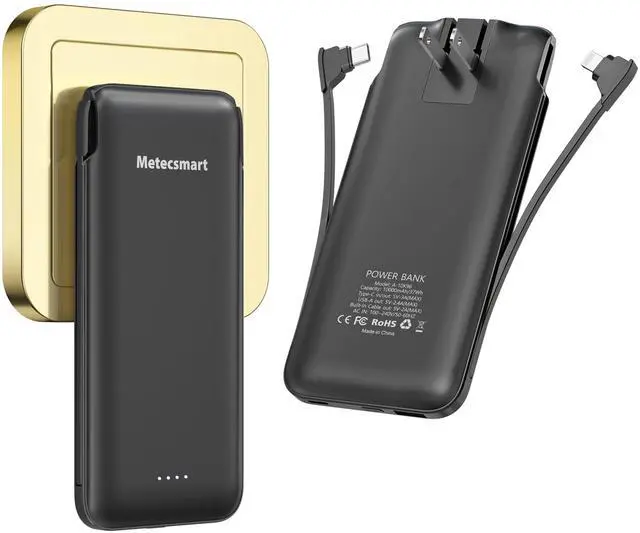 Main image of Metecsmart Portable Charger Power Bank with Built in Cable and AC Wall Plug, 10000mAh Fast USB C Phone Charger, Slim Thin Mini Power Bank Charging Battery Pack