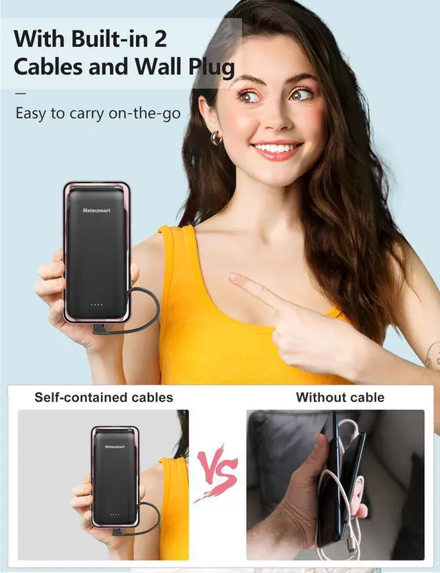 Alt view image 2 of 7 - Metecsmart Portable Charger Power Bank with Built in Cable and AC Wall Plug, 10000mAh Fast USB C Phone Charger, Slim Thin Mini Power Bank Charging Battery Pack