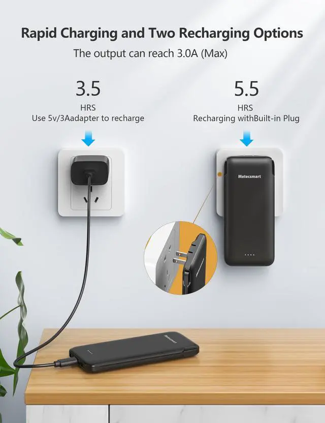 Alt view image 5 of 7 - Metecsmart Portable Charger Power Bank with Built in Cable and AC Wall Plug, 10000mAh Fast USB C Phone Charger, Slim Thin Mini Power Bank Charging Battery Pack