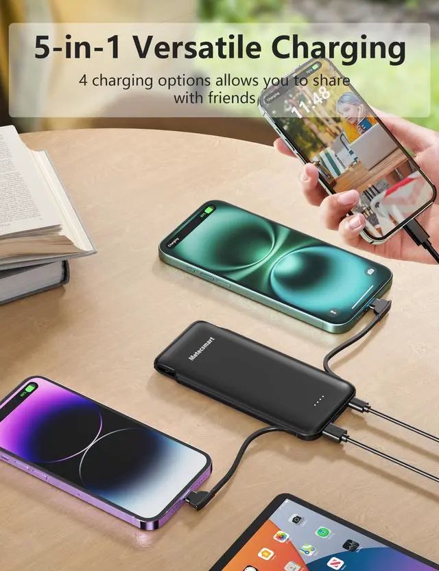 Alt view image 4 of 7 - Metecsmart Portable Charger Power Bank with Built in Cable and AC Wall Plug, 10000mAh Fast USB C Phone Charger, Slim Thin Mini Power Bank Charging Battery Pack
