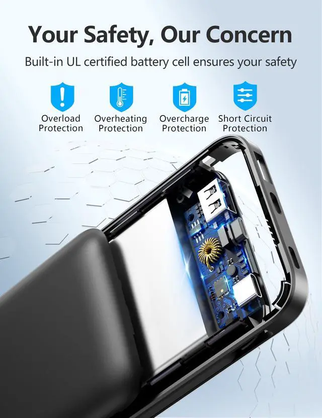 Alt view image 7 of 7 - Metecsmart Portable Charger Power Bank with Built in Cable and AC Wall Plug, 10000mAh Fast USB C Phone Charger, Slim Thin Mini Power Bank Charging Battery Pack