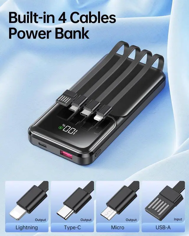 Alt view image 2 of 7 - Portable Charger with Built in Cable - 20000mAh Fast Charging 22.5W Slim Power Bank USB C LED Display Travel Battery Pack 5 Outputs & 3 Inputs for iPhone Samsung Android iPad Phones Tablets etc