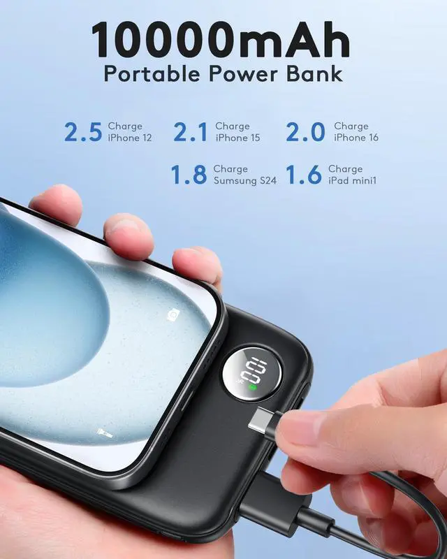 Alt view image 6 of 7 - Powerbank Fast Charging Max 12V/4.5A, Ultra Slim Portable Charger USB C 10000mah, Travel Power Bank for iPhone 11 12 13 14 15 16 Samsung Android, DC Lightweight Battery Pack Phone Charger, Deep Black