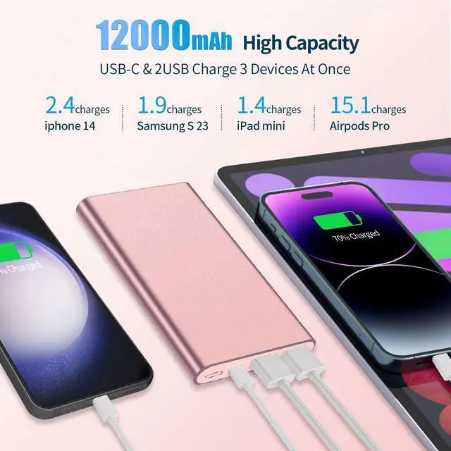 Alt view image 5 of 7 - Portable Charger 12000mAh Power Bank Quick Charge Battery Pack USB C High-Speed 3A Input & Output Powerbank Compatible with iPhone 15 14 13 12 11 Pro Max iPad Samsung Android and More - Pink