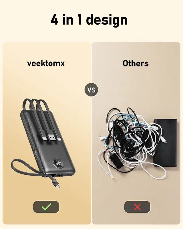 Alt view image 3 of 7 - VEEKTOMX Portable Charger Built-in Cables,10000mAh Power Bank for iPhone,Fast Charge USB C Battery Pack Travel Essentials Powerbank Compatible with iPhone 17/16/15/14, Samsung S25/24, Android, etc