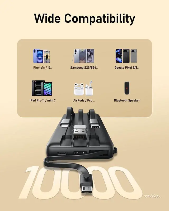 Alt view image 4 of 7 - VEEKTOMX Portable Charger Built-in Cables,10000mAh Power Bank for iPhone,Fast Charge USB C Battery Pack Travel Essentials Powerbank Compatible with iPhone 17/16/15/14, Samsung S25/24, Android, etc