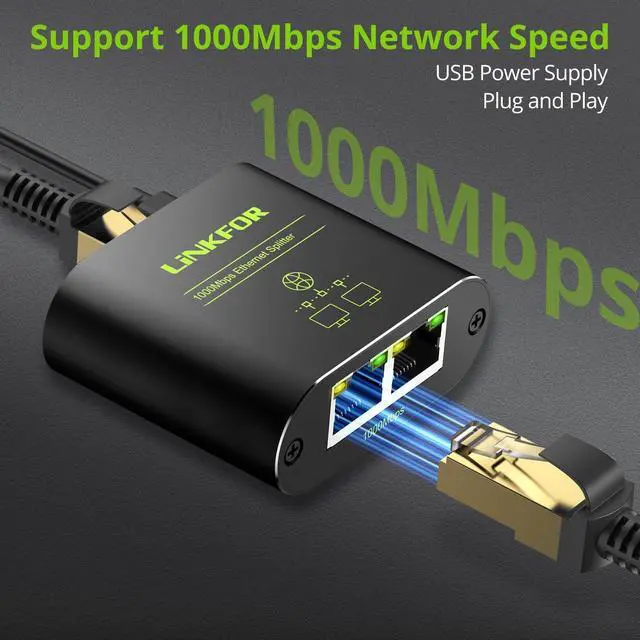 Alt view image 2 of 7 - LiNKFOR Ethernet Splitter 1 in 2 Out,1000Mbps High Speed Splitter RJ45 Network Extension Connector with USB Type C Cable Gigabit Ethernet Switch Network Sharing for Cat8 Cat7 Cat6 Cat5 Cat5e