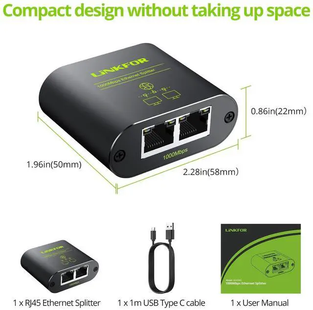 Alt view image 6 of 7 - LiNKFOR Ethernet Splitter 1 in 2 Out,1000Mbps High Speed Splitter RJ45 Network Extension Connector with USB Type C Cable Gigabit Ethernet Switch Network Sharing for Cat8 Cat7 Cat6 Cat5 Cat5e