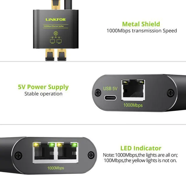 Alt view image 7 of 7 - LiNKFOR Ethernet Splitter 1 in 2 Out,1000Mbps High Speed Splitter RJ45 Network Extension Connector with USB Type C Cable Gigabit Ethernet Switch Network Sharing for Cat8 Cat7 Cat6 Cat5 Cat5e