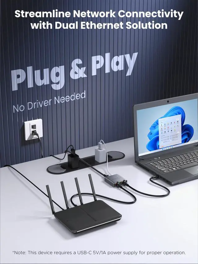 Alt view image 2 of 6 - WARRKY Ethernet Splitter 1 to 2, 1000Mbps High Speed LAN Splitter, [0.55inch Ultra Slim, Integrally Molded Aluminum Case] Gigabit Ethernet Switch 2 port with USB-C Power Cable, for Cat5/5e/6/7/8 Cable