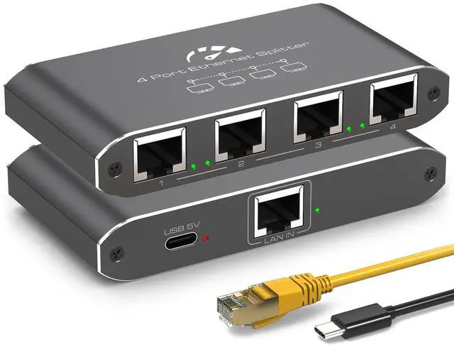 Main image of ATLAHET Ethernet Splitter 1 to 4 1000Mbps High Speed Internet Splitter, Gigabit Network Splitter with an Ethernet Cable and a USB Power Cable, 1 in 4 Out LAN RJ45 Splitter Work with Cat 6/7/8 Cable
