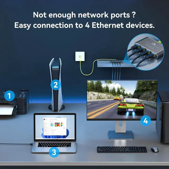 Alt view image 4 of 7 - ATLAHET Ethernet Splitter 1 to 4 1000Mbps High Speed Internet Splitter, Gigabit Network Splitter with an Ethernet Cable and a USB Power Cable, 1 in 4 Out LAN RJ45 Splitter Work with Cat 6/7/8 Cable